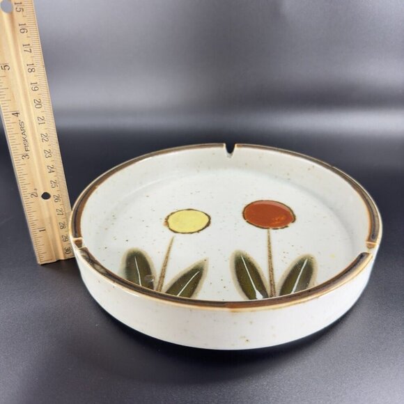 Vintage Japanese Pottery Round Speckled Ashtray Dish Bowl Abstract Flowers Vtg - Picture 3 of 15